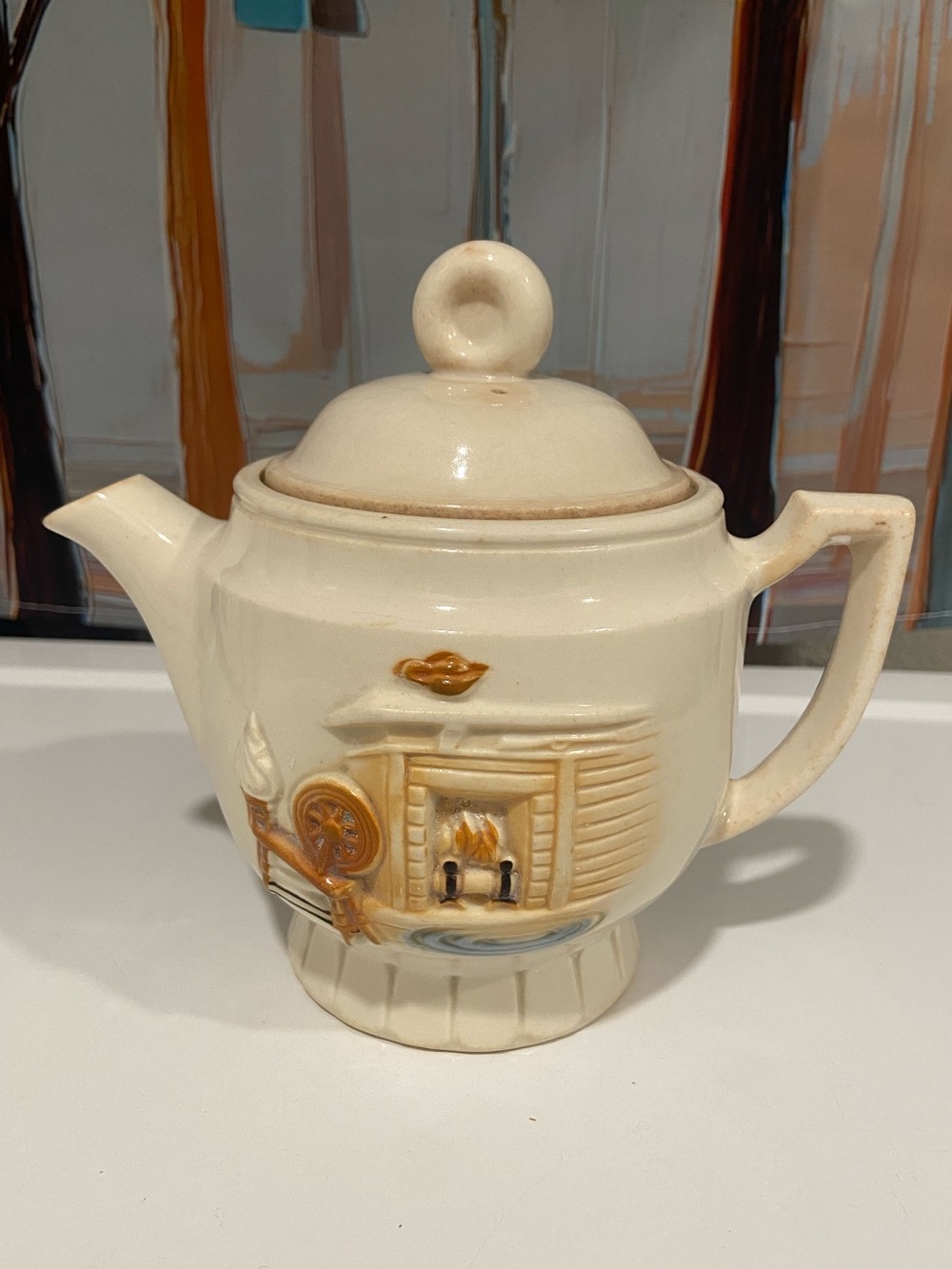 Porcelier 1930’s Cream Ceramic Teapot with Fireplace Relief